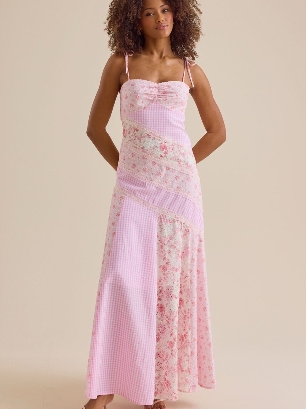 Altar'd State Pink Patchwork Tie-Shoulder Maxi Dress